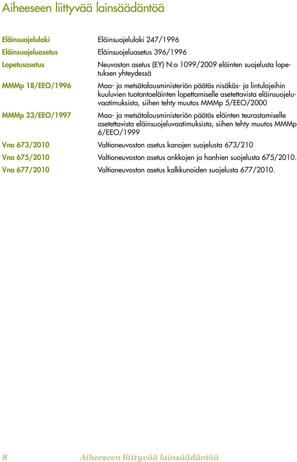 siihen tehty muutos MMMp 5/EEO/2000 Maa- ja metsätalousministeriön päätös eläinten teurastamiselle asetettavista eläinsuojeluvaatimuksista, siihen tehty muutos MMMp 6/EEO/1999 Vna 673/2010