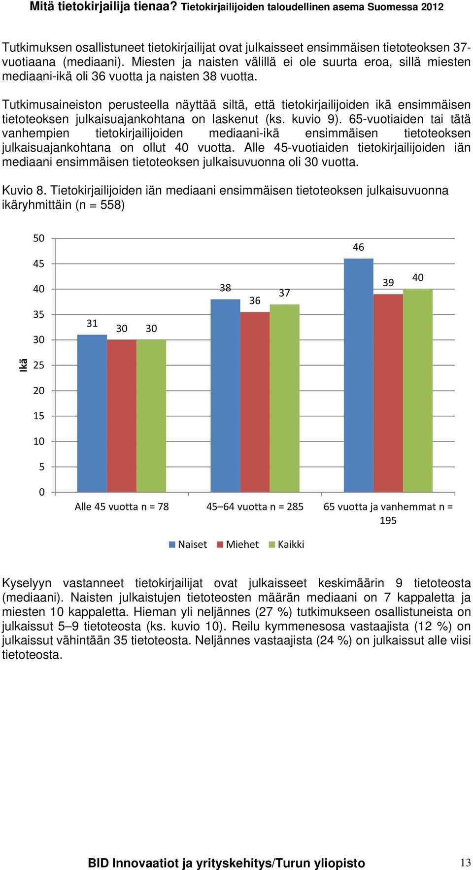 Tutkimusaineiston perusteella näyttää siltä, että tietokirjailijoiden ikä ensimmäisen tietoteoksen julkaisuajankohtana on laskenut (ks. kuvio 9).