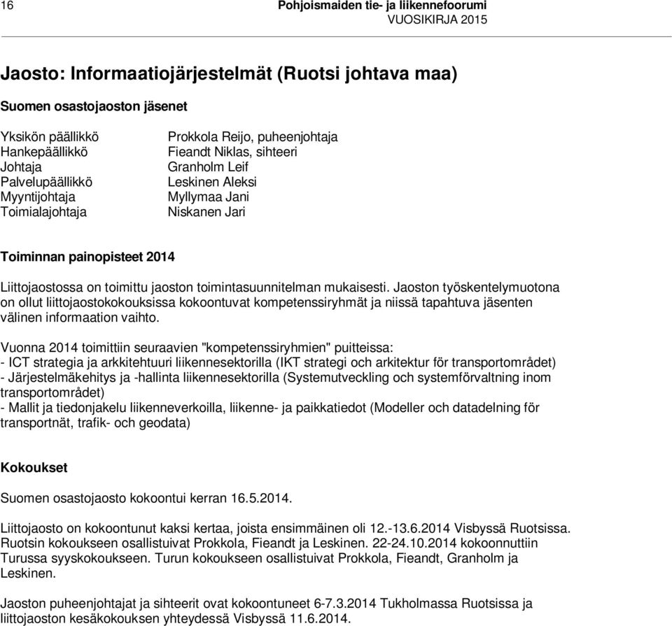 toimintasuunnitelman mukaisesti. Jaoston työskentelymuotona on ollut liittojaostokokouksissa kokoontuvat kompetenssiryhmät ja niissä tapahtuva jäsenten välinen informaation vaihto.