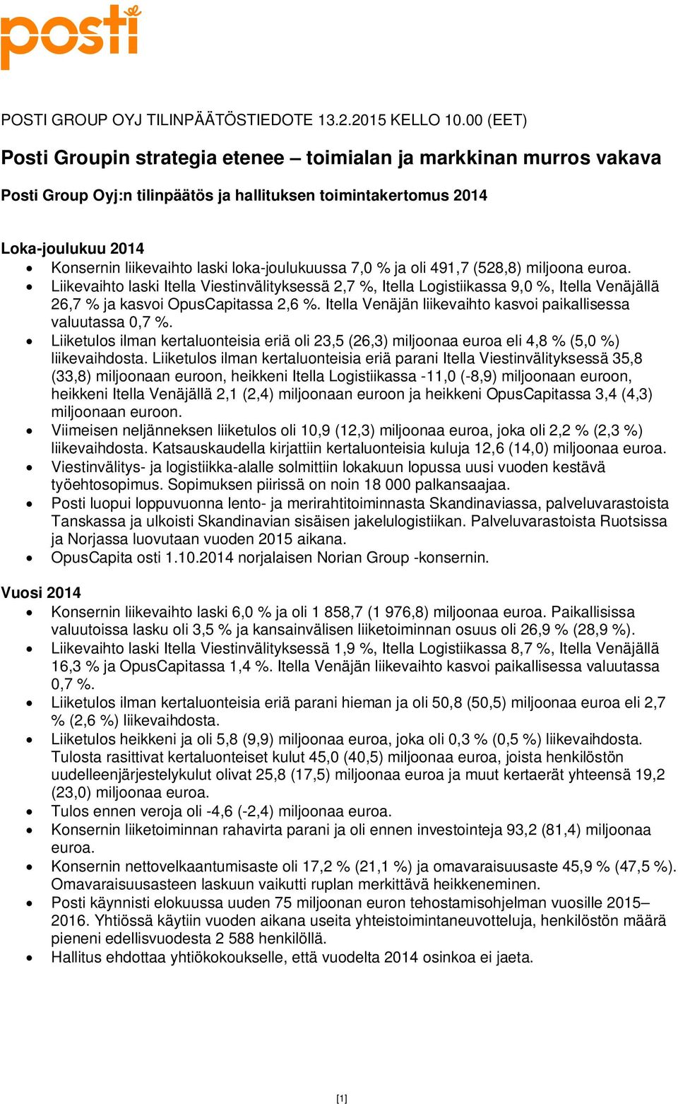 loka-joulukuussa 7,0 % ja oli 491,7 (528,8) miljoona euroa. Liikevaihto laski Itella Viestinvälityksessä 2,7 %, Itella Logistiikassa 9,0 %, Itella Venäjällä 26,7 % ja kasvoi OpusCapitassa 2,6 %.