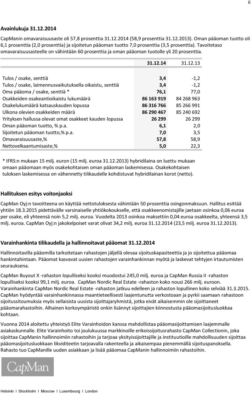 Tavoitetaso omavaraisuusasteelle on vähintään 60 prosenttia ja oman pääoman tuotolle yli 20 prosenttia. 31.12.