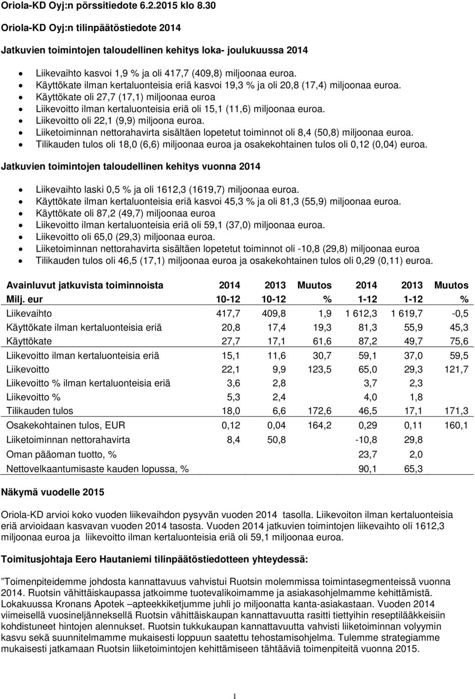 Käyttökate ilman kertaluonteisia eriä kasvoi 19,3 % ja oli 20,8 (17,4) miljoonaa euroa.