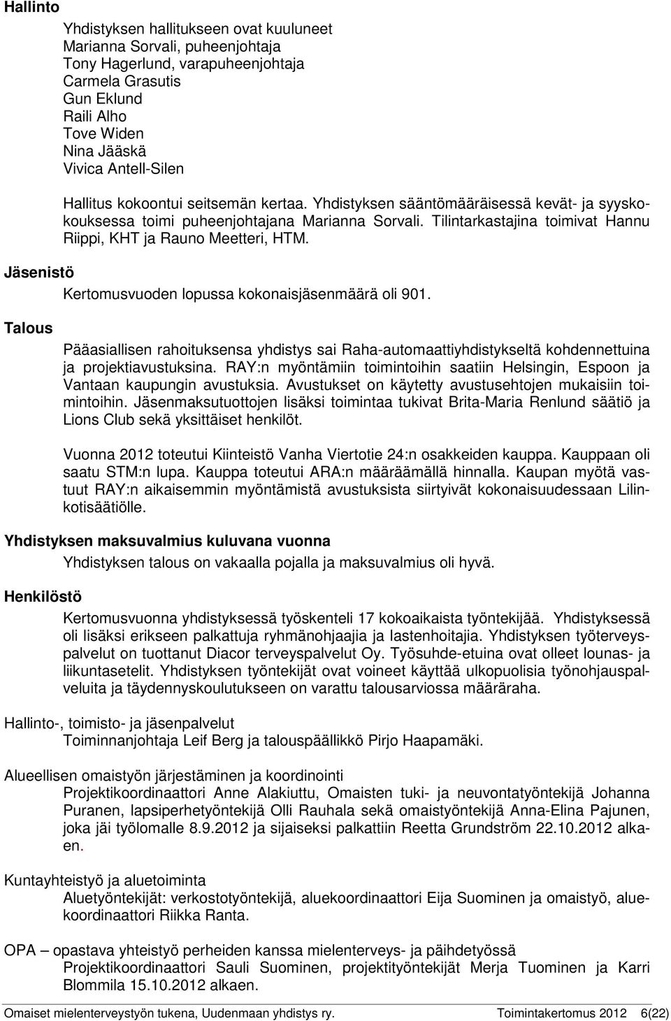 Tilintarkastajina toimivat Hannu Riippi, KHT ja Rauno Meetteri, HTM. Jäsenistö Kertomusvuoden lopussa kokonaisjäsenmäärä oli 901.