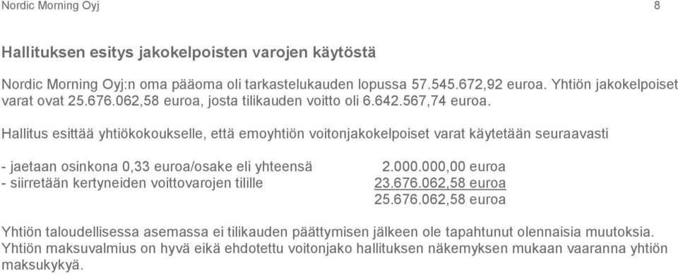 Hallitus esittää yhtiökokoukselle, että emoyhtiön voitonjakokelpoiset varat käytetään seuraavasti - jaetaan osinkona 0,33 euroa/osake eli yhteensä 2.000.