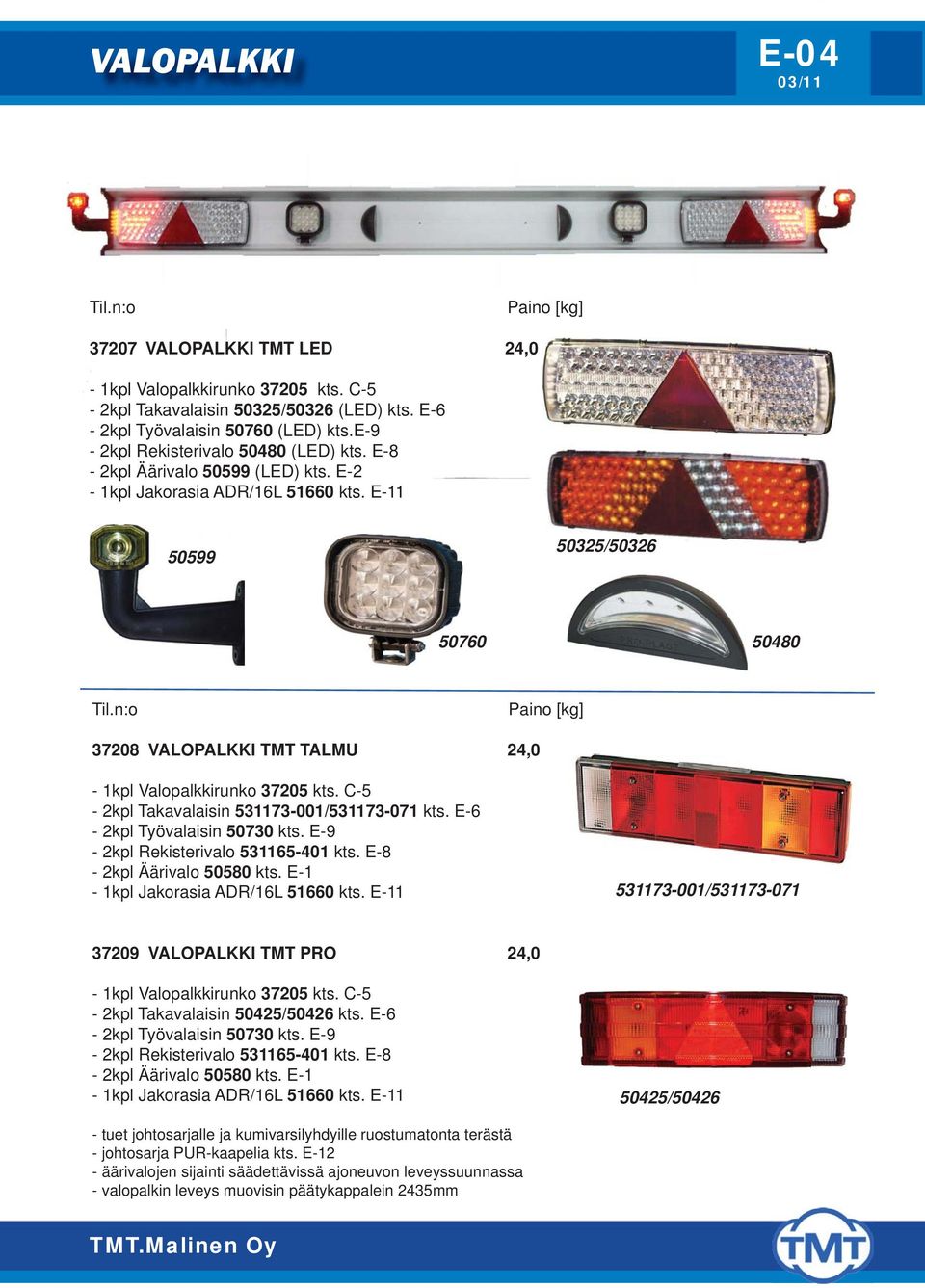 E-11 50599 50325/50326 50760 50480 37208 VALOPALKKI TMT TALMU 24,0-1kpl Valopalkkirunko 37205 kts. C-5-2kpl Takavalaisin 531173-001/531173-071 kts. E-6-2kpl Työvalaisin 50730 kts.