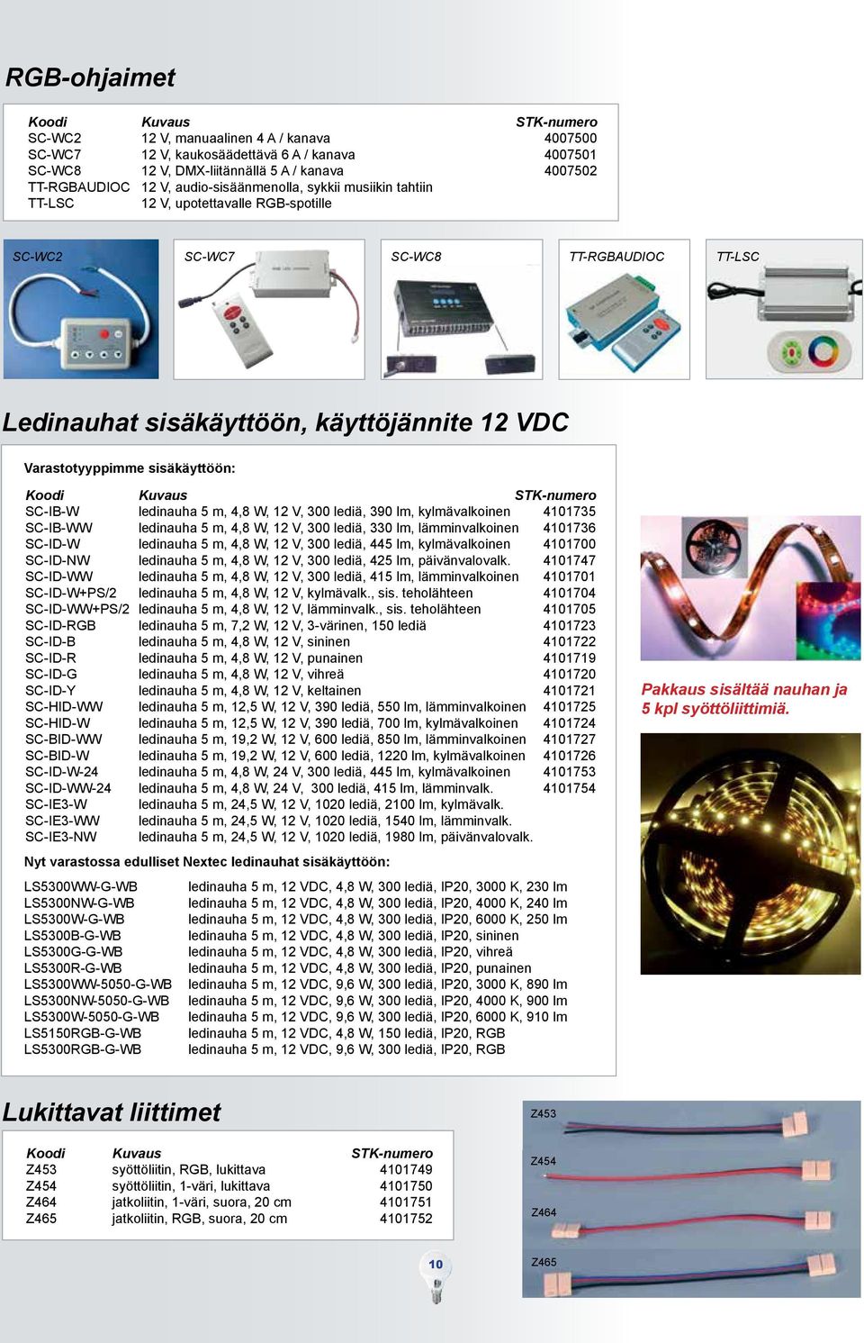 5 m, 4,8 W, 12 V, 300 lediä, 390 lm, kylmävalkoinen 4101735 SC-IB-WW ledinauha 5 m, 4,8 W, 12 V, 300 lediä, 330 lm, lämminvalkoinen 4101736 SC-ID-W ledinauha 5 m, 4,8 W, 12 V, 300 lediä, 445 lm,