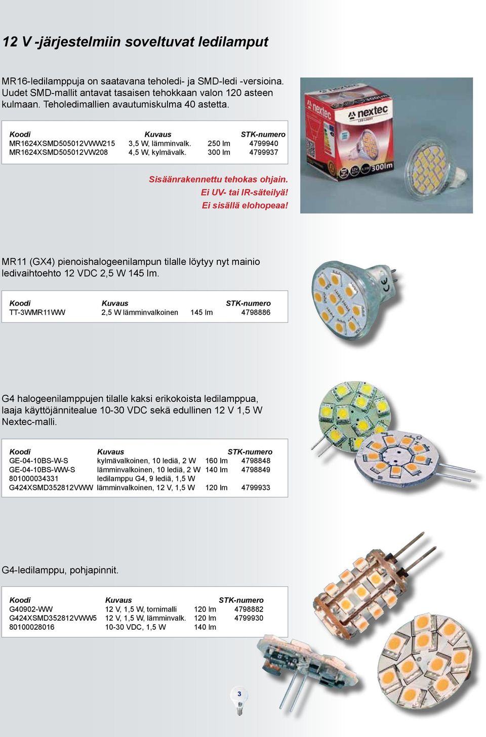 Ei UV- tai IR-säteilyä! Ei sisällä elohopeaa! MR11 (GX4) pienoishalogeenilampun tilalle löytyy nyt mainio ledivaihtoehto 12 VDC 2,5 W 145 lm.