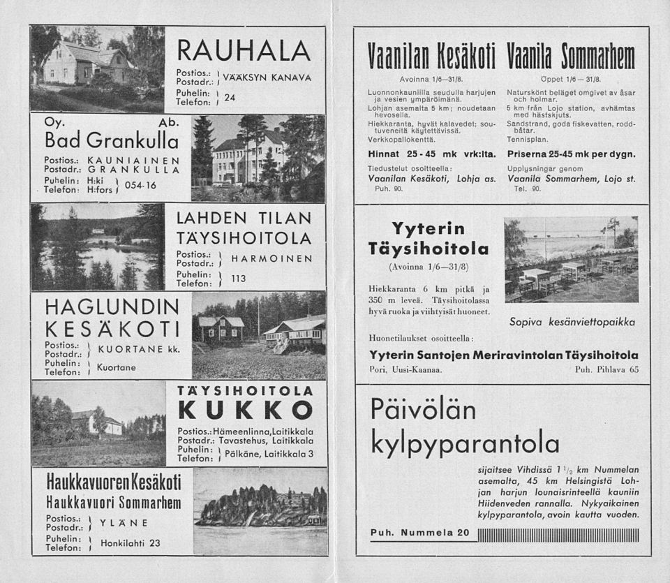 ::} VÄAKSYNKANAVA Puhelin: \ r,, lat Telefon: / LAHDEN TILAN TÄYSIHOITOLA?osS.:} H ARMO IN EN Puhelin: \ tto Telefon: ) TÄYSIHOITOLA KUKKO Postios.: Hämeenlinna,Laitikkala Postadr.