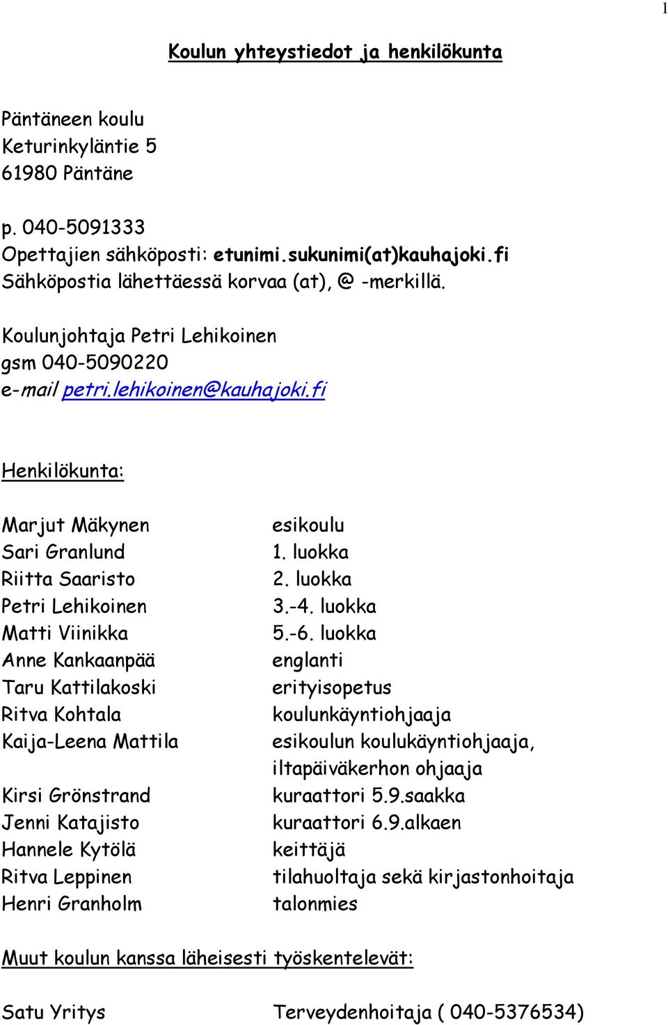 fi Henkilökunta: Marjut Mäkynen Sari Granlund Riitta Saaristo Petri Lehikoinen Matti Viinikka Anne Kankaanpää Taru Kattilakoski Ritva Kohtala Kaija-Leena Mattila Kirsi Grönstrand Jenni Katajisto