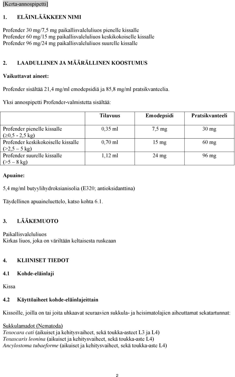 suurelle kissalle 2. LAADULLINEN JA MÄÄRÄLLINEN KOOSTUMUS Vaikuttavat aineet: Profender sisältää 21,4 mg/ml emodepsidiä ja 85,8 mg/ml pratsikvanteelia.