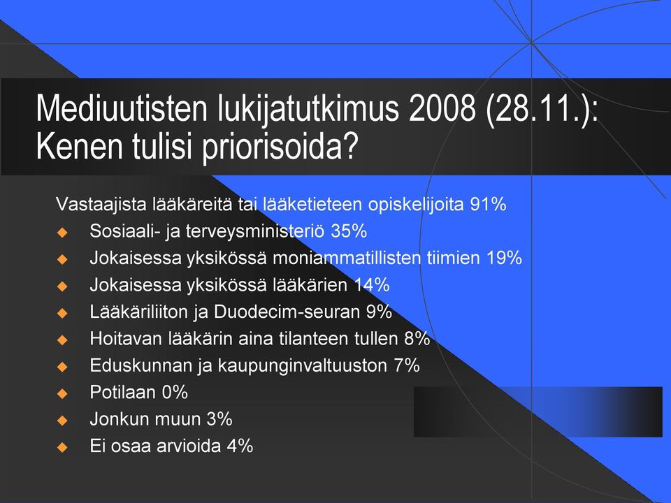 Jokaisessa yksikössä moniammatillisten tiimien 19% Jokaisessa yksikössä lääkärien 14% Lääkäriliiton ja