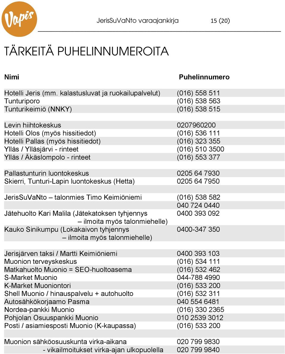 Ylläsjärvi - rinteet Ylläs / Äkäslompolo - rinteet 00796000 (06) 536 (06) 33 355 (06) 50 3500 (06) 553 377 Pallastunturin luontokeskus Skierri, Tunturi-Lapin luontokeskus (Hetta) 005 64 7930 005 64