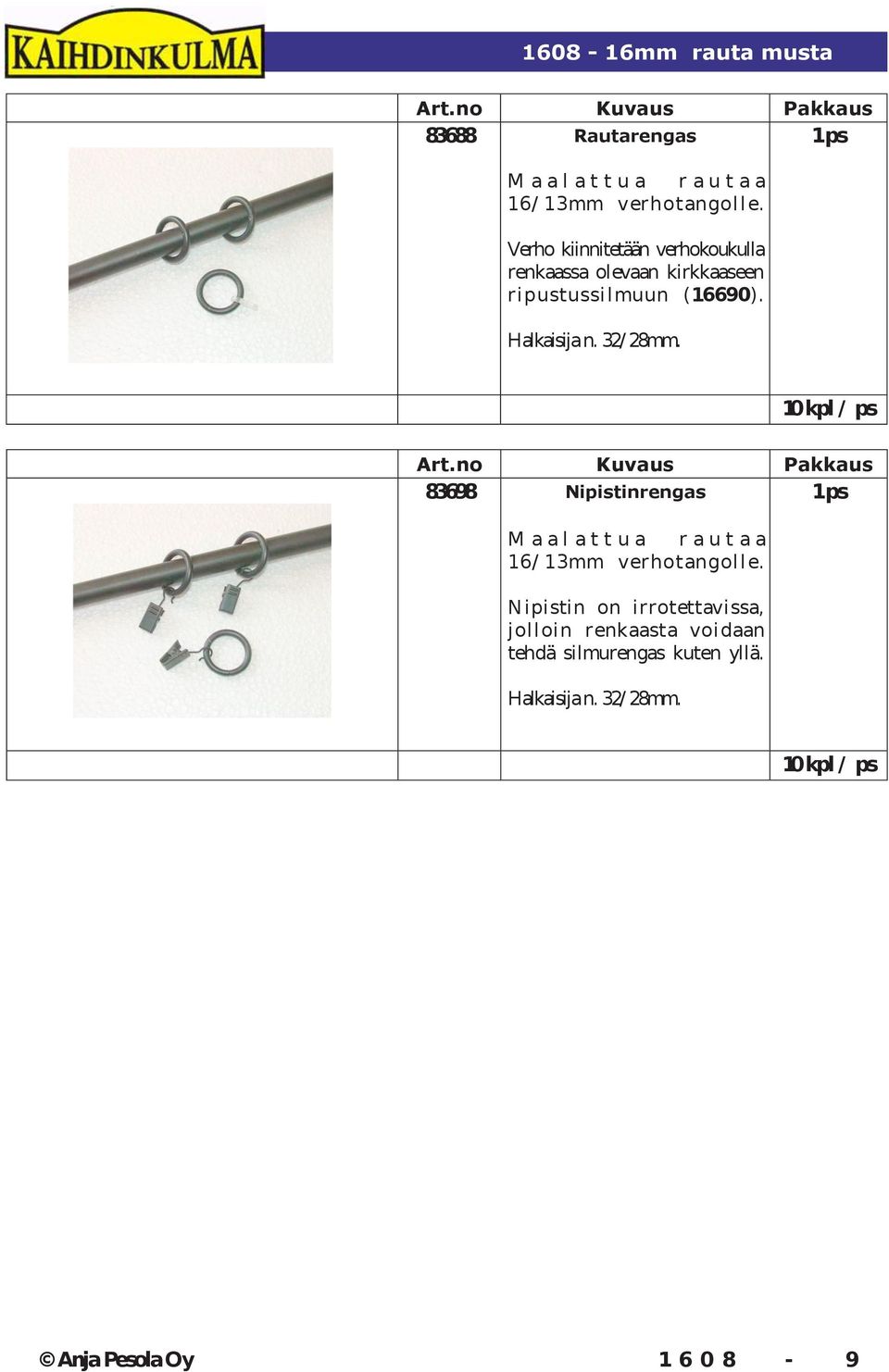 32/ 28mm. 10 kpl / ps 83698 Nipistinrengas 1 ps M a a l a t t u a r a u t a a 16/ 13mm verhotangol l e.