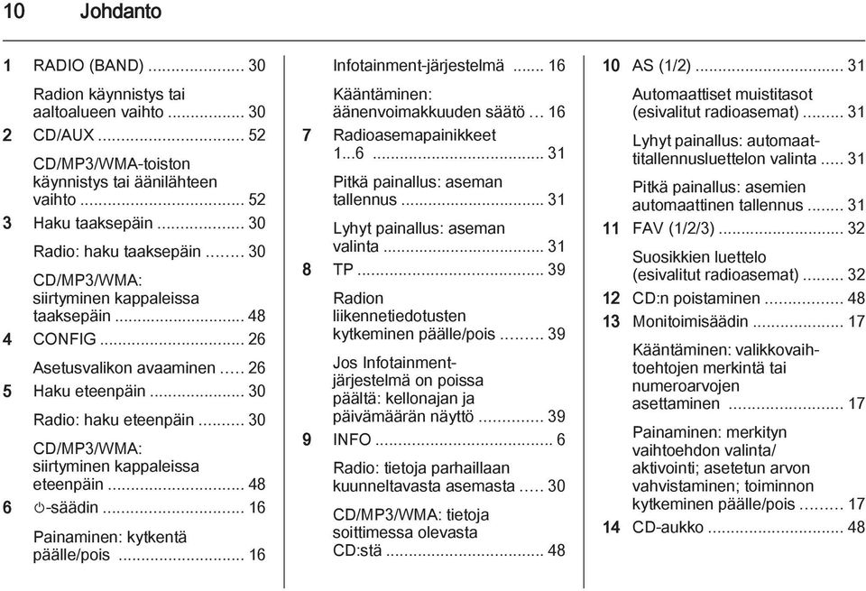 .. 48 6 m-säädin... 16 Painaminen: kytkentä päälle/pois... 16 Infotainment-järjestelmä... 16 Kääntäminen: äänenvoimakkuuden säätö... 16 7 Radioasemapainikkeet 1...6... 31 Pitkä painallus: aseman tallennus.