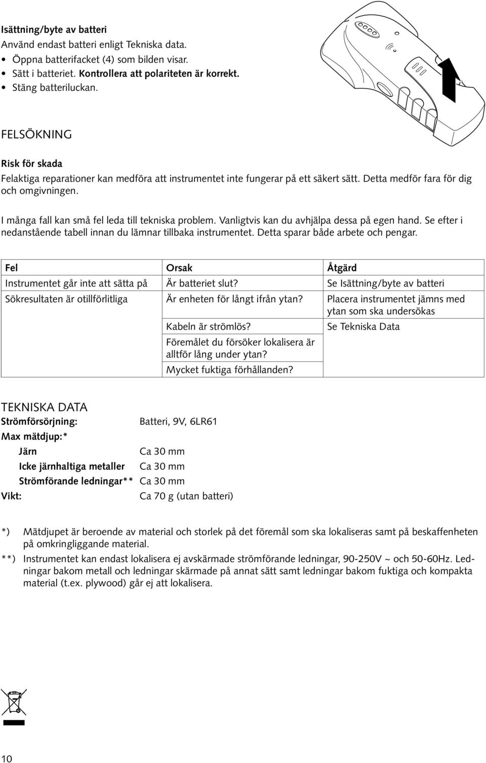 I många fall kan små fel leda till tekniska problem. Vanligtvis kan du avhjälpa dessa på egen hand. Se efter i nedanstående tabell innan du lämnar tillbaka instrumentet.