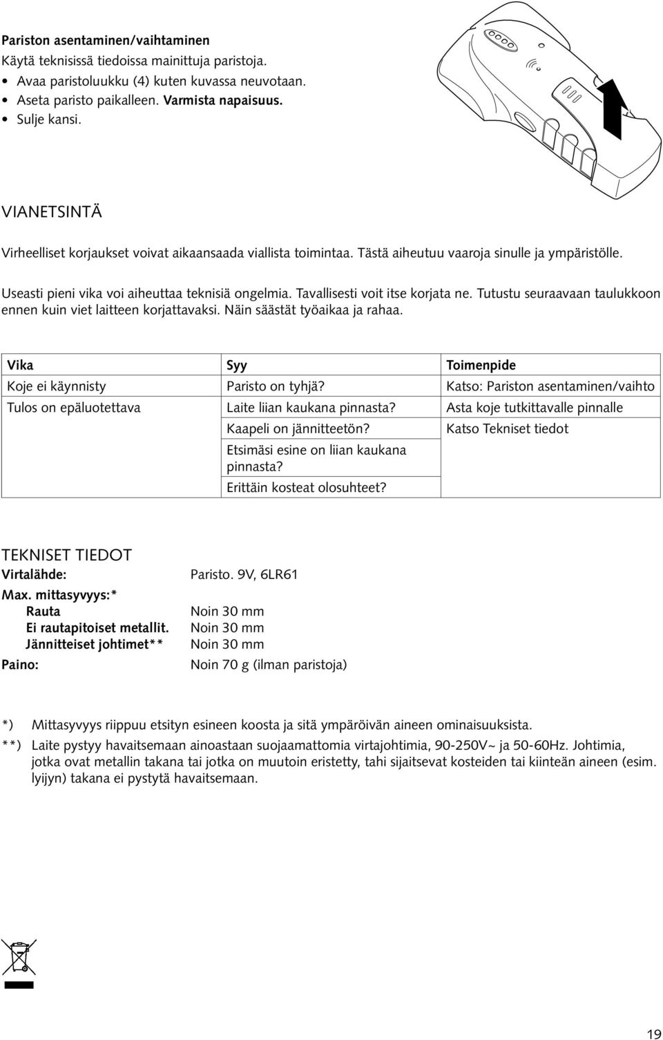 Tavallisesti voit itse korjata ne. Tutustu seuraavaan taulukkoon ennen kuin viet laitteen korjattavaksi. Näin säästät työaikaa ja rahaa. Vika Syy Toimenpide Koje ei käynnisty Paristo on tyhjä?