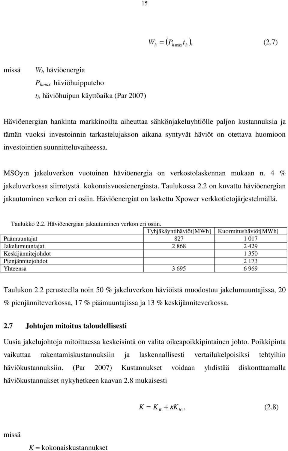 investoinnin tarkastelujakson aikana syntyvät häviöt on otettava huomioon investointien suunnitteluvaiheessa. MSOy:n jakeluverkon vuotuinen häviöenergia on verkostolaskennan mukaan n.