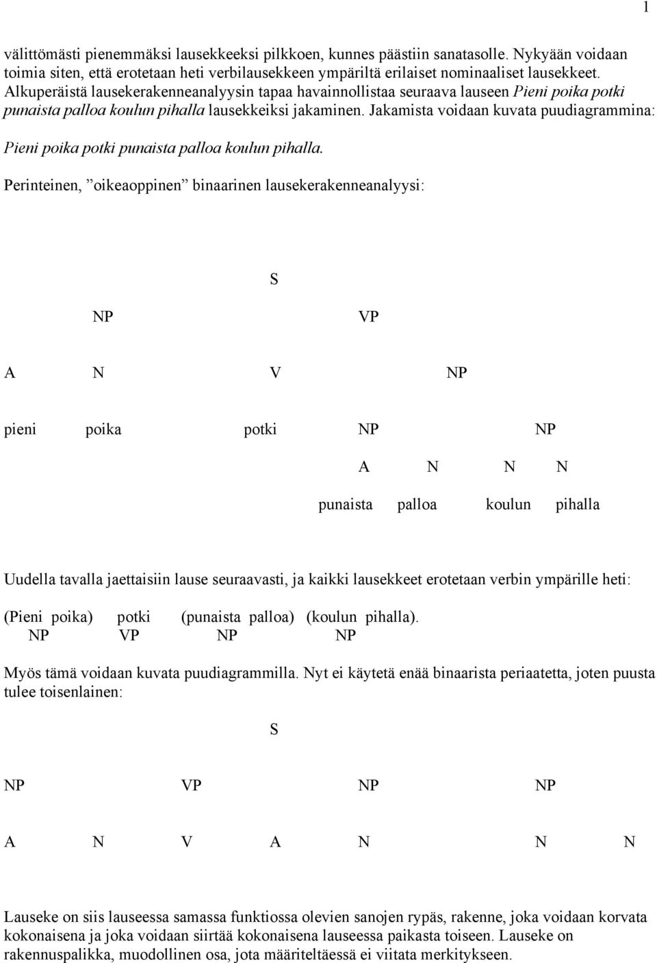 Jakamista voidaan kuvata puudiagrammina: Pieni poika potki punaista palloa koulun pihalla.