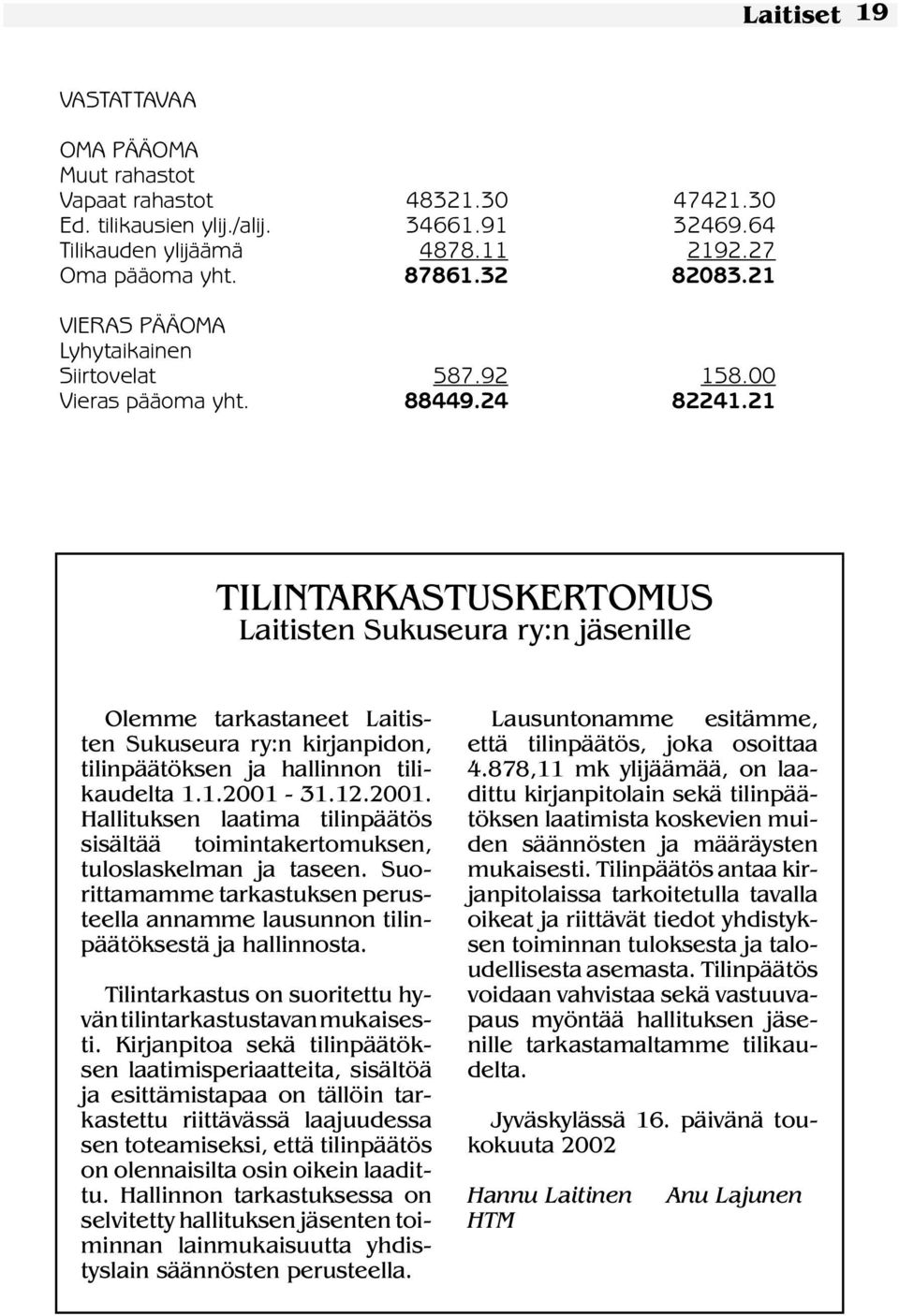 21 TILINTARKASTUSKERTOMUS Laitisten Sukuseura ry:n jäsenille Olemme tarkastaneet Laitisten Sukuseura ry:n kirjanpidon, tilinpäätöksen ja hallinnon tilikaudelta 1.1.2001-