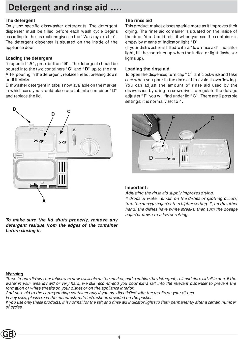 The detergent dispenser is situated on the inside of the appliance door. Loading the detergent To open lid A, press button B.