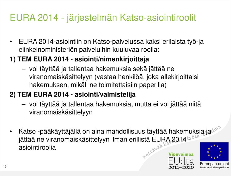 allekirjoittaisi hakemuksen, mikäli ne toimitettaisiin paperilla) 2) TEM EURA 2014 - asiointi/valmistelija voi täyttää ja tallentaa hakemuksia, mutta ei voi