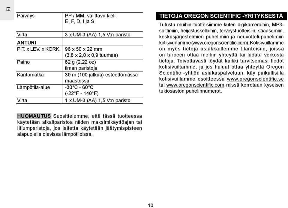 esteettömässä maastossa -30 C - 60 C (-22 F - 140 F) 1 x UM-3 (AA) 1,5 V:n paristo TIETOJA OREGON SCIENTIC -YRITYKSESTÄ Tutustu muihin tuotteisiimme kuten digikameroihin, MP3- soittimiin,