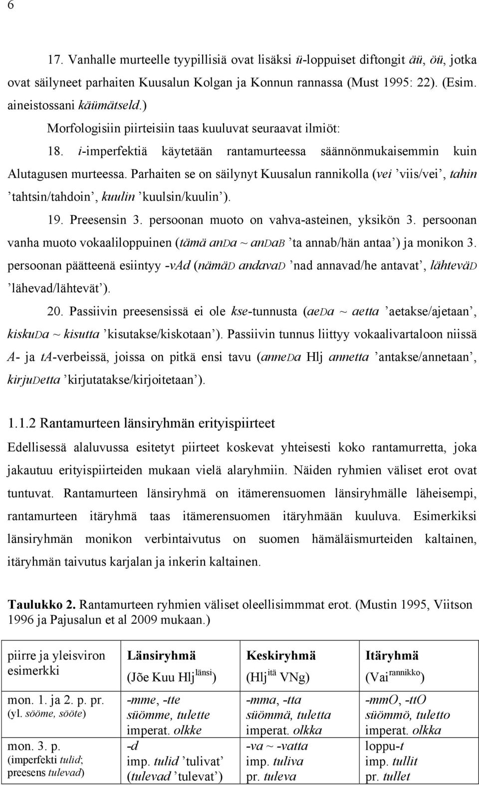 Parhaiten se on säilynyt Kuusalun rannikolla (vei viis/vei, tahin tahtsin/tahdoin, kuulin kuulsin/kuulin ). 19. Preesensin 3. persoonan muoto on vahva-asteinen, yksikön 3.