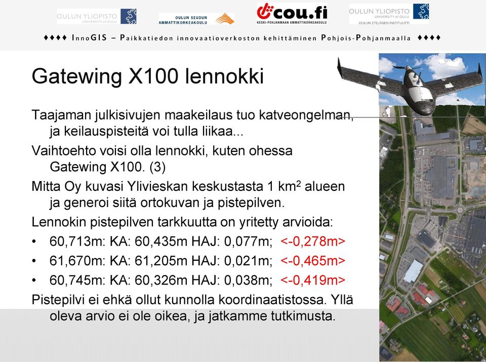 (3) Mitta Oy kuvasi Ylivieskan keskustasta 1 km 2 alueen ja generoi siitä ortokuvan ja pistepilven.