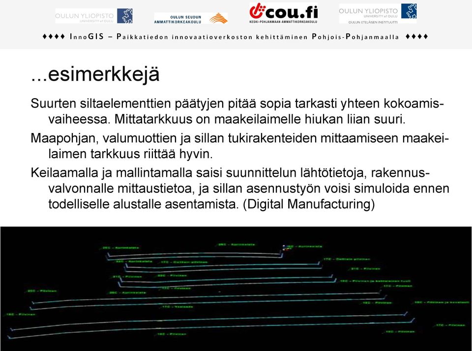 Maapohjan, valumuottien ja sillan tukirakenteiden mittaamiseen maakeilaimen tarkkuus riittää hyvin.