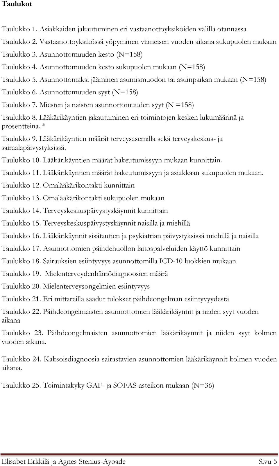 Asunnottomuuden syyt (N=158) Taulukko 7. Miesten ja naisten asunnottomuuden syyt (N =158) Taulukko 8. Lääkärikäyntien jakautuminen eri toimintojen kesken lukumäärinä ja prosentteina. * Taulukko 9.