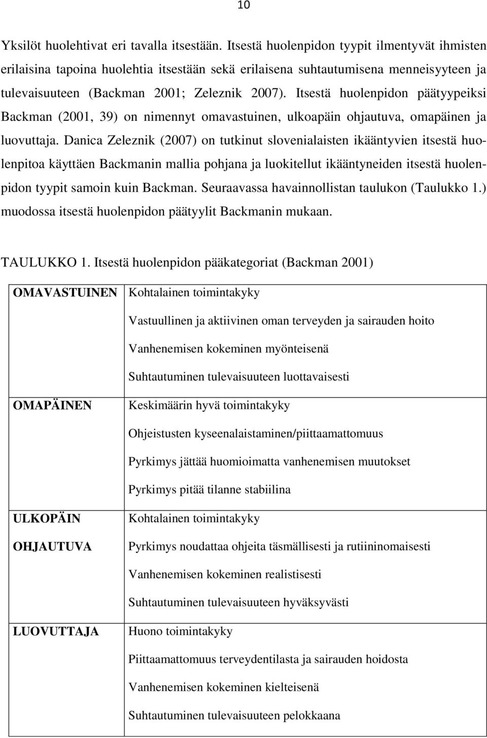 Itsestä huolenpidon päätyypeiksi Backman (2001, 39) on nimennyt omavastuinen, ulkoapäin ohjautuva, omapäinen ja luovuttaja.