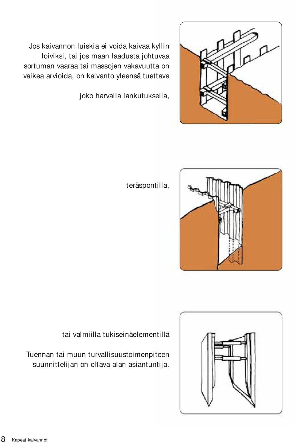 joko harvalla lankutuksella, teräspontilla, tai valmiilla tukiseinäelementillä Tuennan