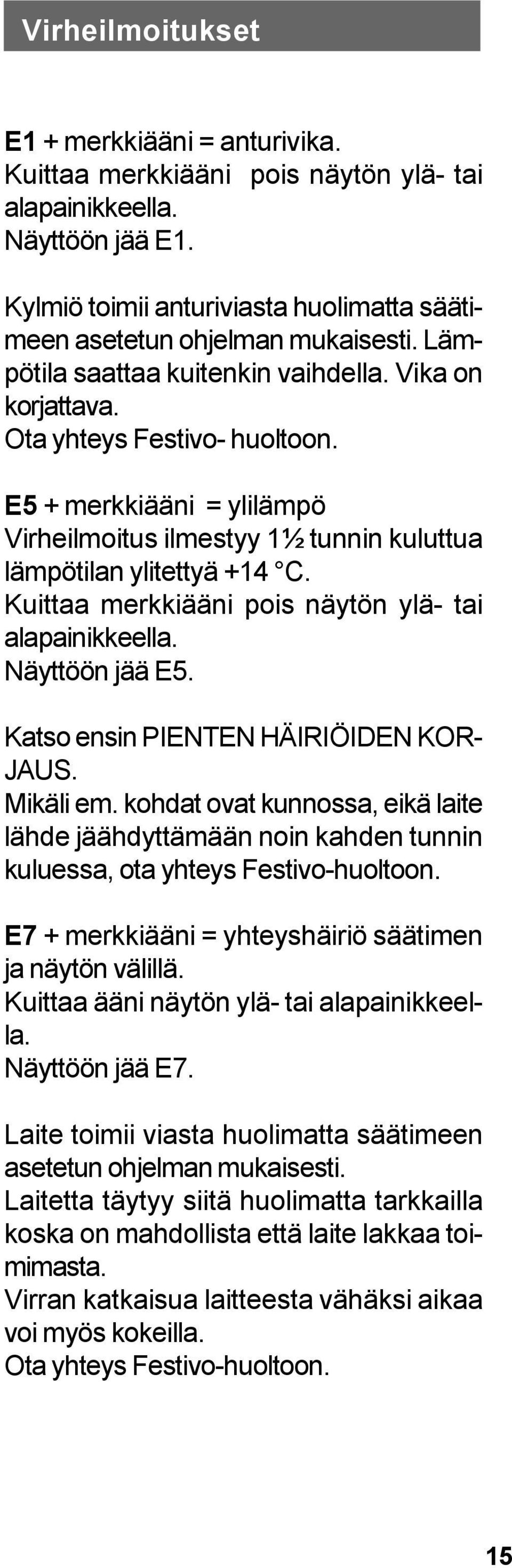 Kuittaa merkkiääni pois näytön ylä- tai alapainikkeella. Näyttöön jää E5. Katso ensin PIENTEN HÄIRIÖIDEN KOR- JAUS. Mikäli em.