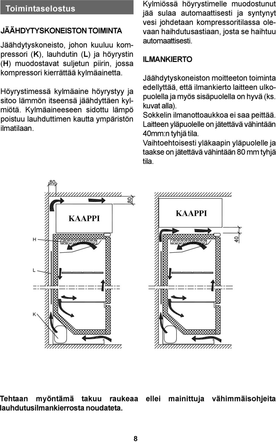 Kylmiössä höyrystimelle muodostunut jää sulaa automaattisesti ja syntynyt vesi johdetaan kompressoritilassa olevaan haihdutusastiaan, josta se haihtuu automaattisesti.