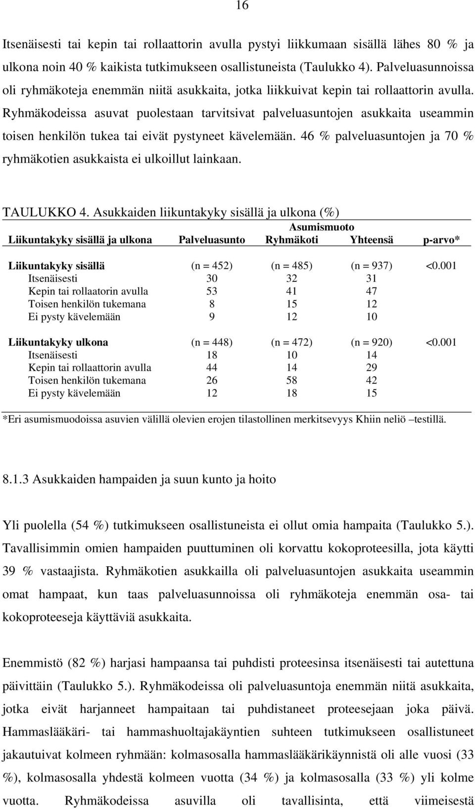 Ryhmäkodeissa asuvat puolestaan tarvitsivat palveluasuntojen asukkaita useammin toisen henkilön tukea tai eivät pystyneet kävelemään.