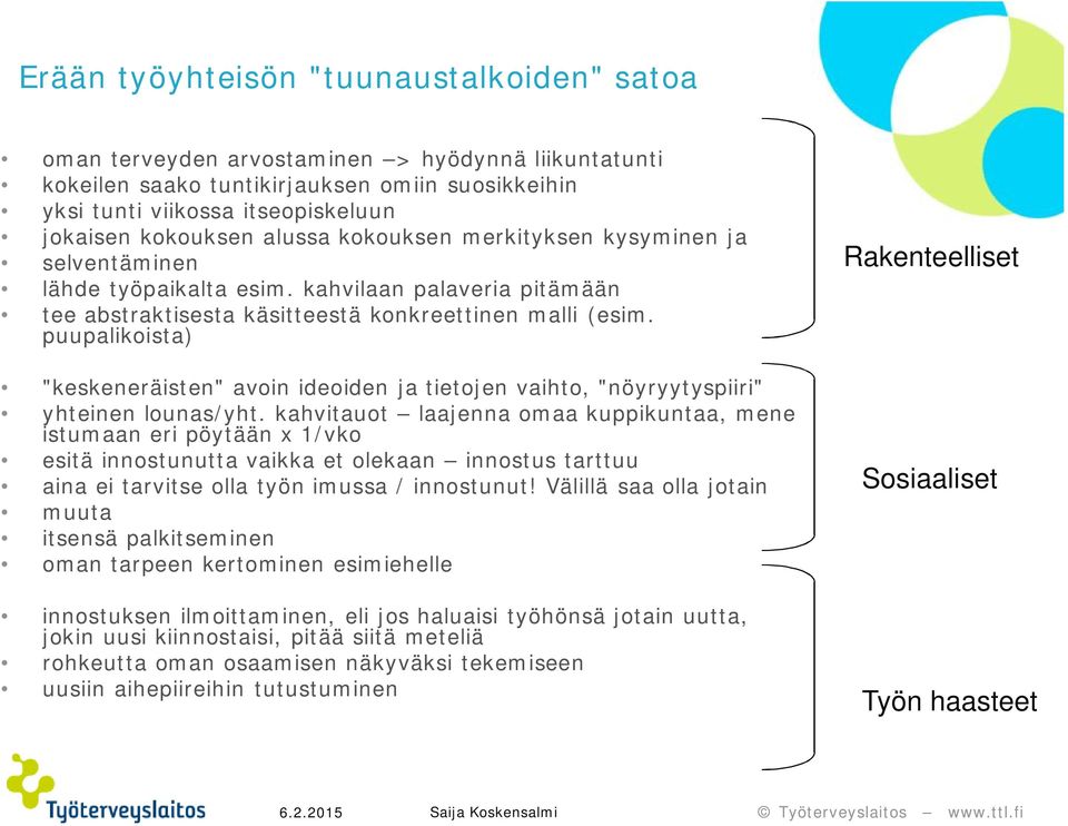 puupalikoista) "keskeneräisten" avoin ideoiden ja tietojen vaihto, "nöyryytyspiiri" yhteinen lounas/yht.