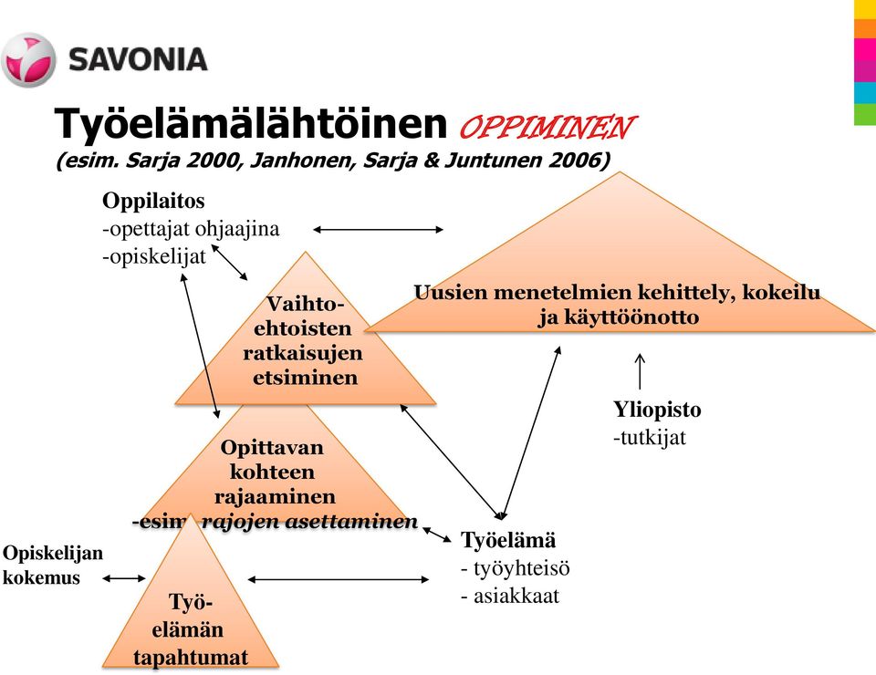 ohjaajina -opiskelijat Vaihtoehtoisten ratkaisujen etsiminen Opittavan kohteen rajaaminen
