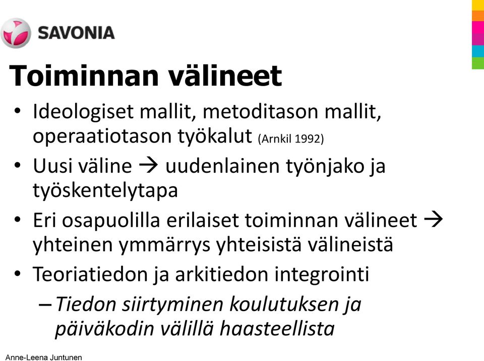 erilaiset toiminnan välineet yhteinen ymmärrys yhteisistä välineistä Teoriatiedon ja