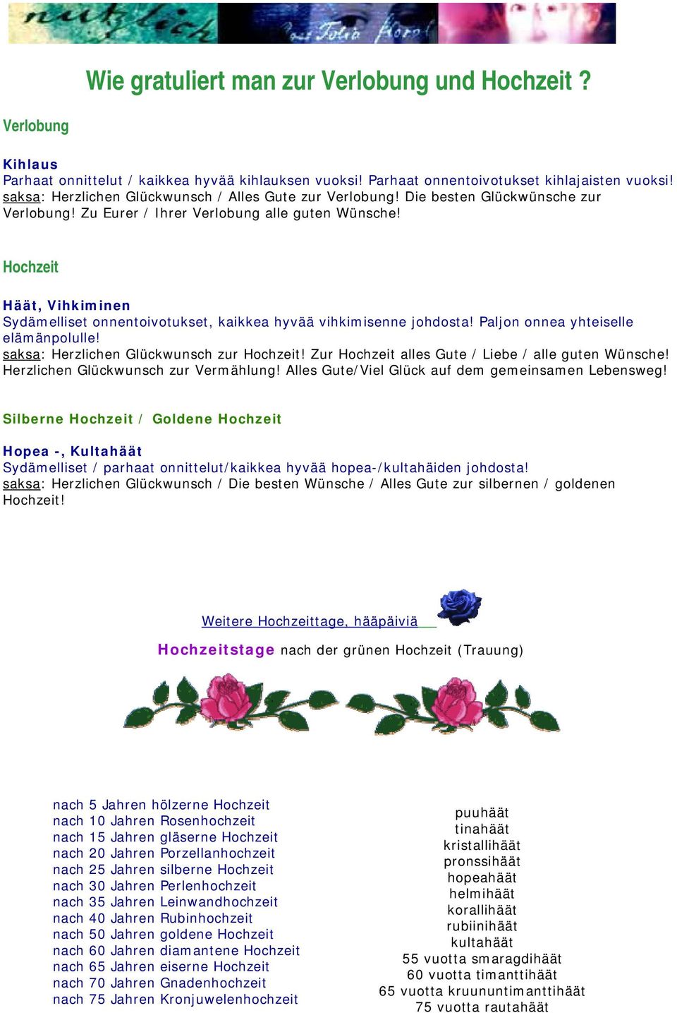 Hochzeit Häät, Vihkiminen Sydämelliset onnentoivotukset, kaikkea hyvää vihkimisenne johdosta! Paljon onnea yhteiselle elämänpolulle! saksa: Herzlichen Glückwunsch zur Hochzeit!