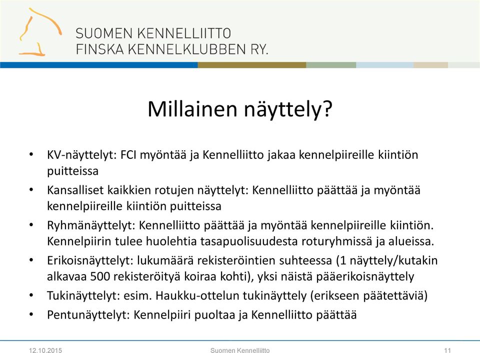 kennelpiireille kiintiön puitteissa Ryhmänäyttelyt: Kennelliitto päättää ja myöntää kennelpiireille kiintiön.