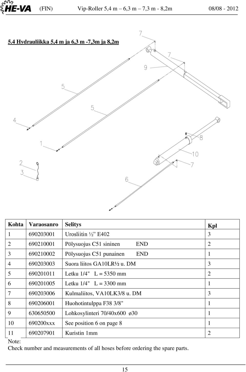 DM 3 5 690201011 Letku 1/4" L = 5350 mm 2 6 690201005 Letku 1/4" L = 3300 mm 1 7 690203006 Kulmaliitos, VA10LK3/8 u.