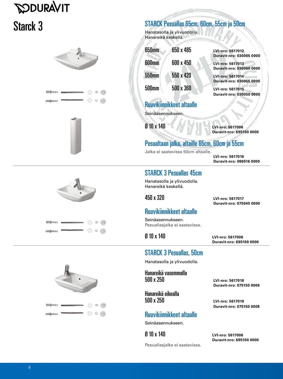 5617015 Duravit-nro: 030050 0000 Ruuvikiinnikkeet altaalle Seinäasennukseen.