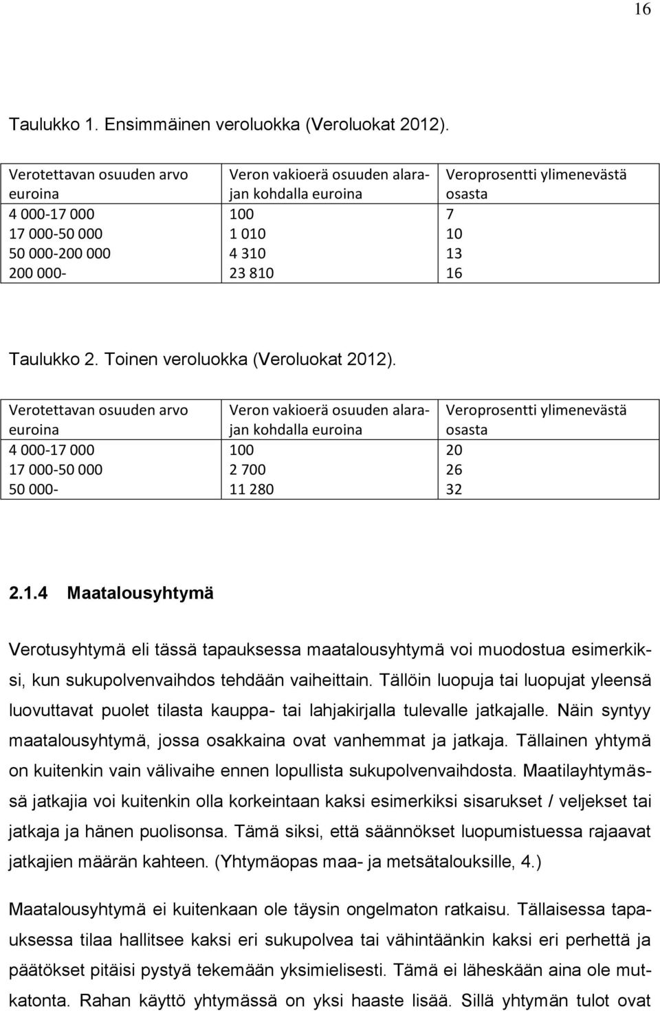 16 Taulukko 2. Toinen veroluokka (Veroluokat 2012).