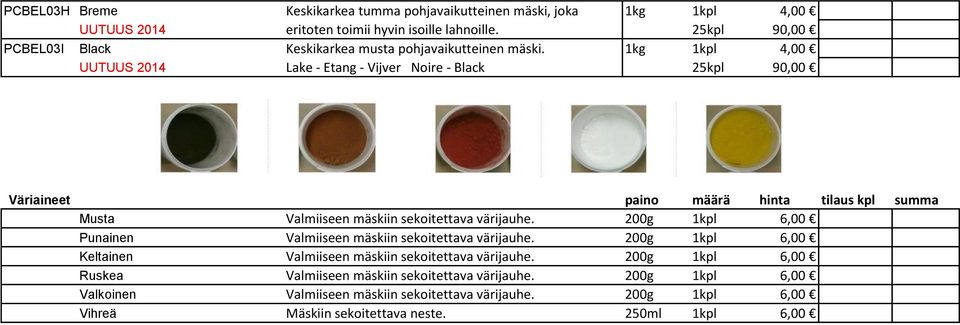 1kg 1kpl 4,00 UUTUUS 2014 Lake - Etang - Vijver Noire - Black Väriaineet paino määrä hinta tilaus kpl summa Musta Valmiiseen mäskiin sekoitettava värijauhe.