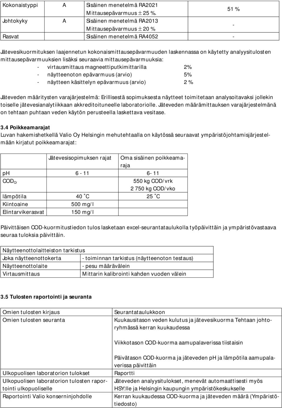 analyysitulosten mittausepävarmuuksien lisäksi seuraavia mittausepävarmuuksia: - virtausmittaus magneettiputkimittarilla 2% - näytteenoton epävarmuus (arvio) 5% - näytteen käsittelyn epävarmuus