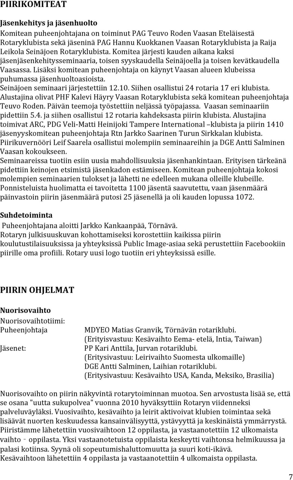 Lisäksi komitean puheenjohtaja on käynyt Vaasan alueen klubeissa puhumassa jäsenhuoltoasioista. Seinäjoen seminaari järjestettiin 12.10. Siihen osallistui 24 rotaria 17 eri klubista.