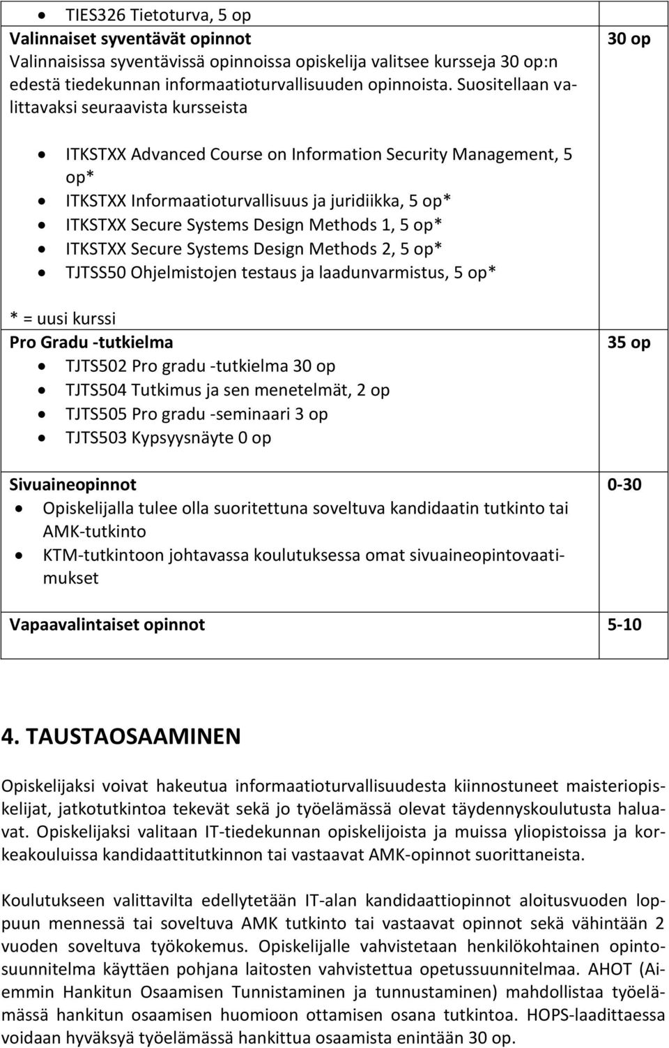 Design Methods 1, 5 op* ITKSTXX Secure Systems Design Methods 2, 5 op* TJTSS50 Ohjelmistojen testaus ja laadunvarmistus, 5 op* * = uusi kurssi Pro Gradu -tutkielma TJTS502 Pro gradu -tutkielma 30 op