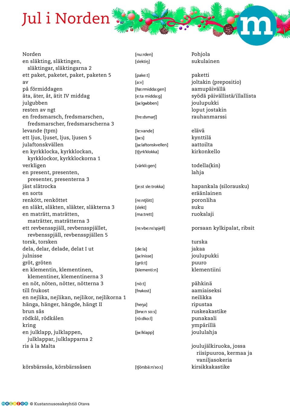 fredsmarschen, [fre:dsmarʃ] rauhanmarssi fredsmarscher, fredsmarscherna 3 levande (tpm) [le:vande] elävä ett ljus, ljuset, ljus, ljusen 5 [jʉ:s] kynttilä julaftonskvällen [jʉ:laftonskvellen]