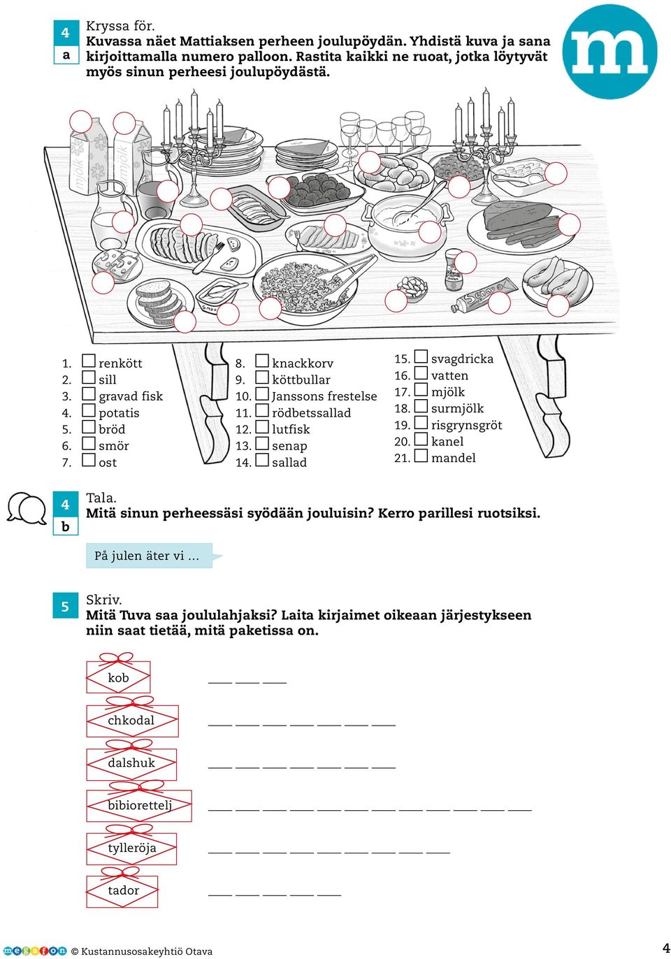 Janssons frestelse 11. rödbetssallad 12. lutfisk 13. senap 14. sallad 15. svagdricka 16. vatten 17. mjölk 18. surmjölk 19. risgrynsgröt 20. kanel 21. mandel 4 b Tala.