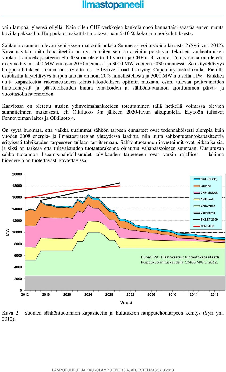 Kuva näyttää, mitä kapasiteettia on nyt ja miten sen on arvioitu poistuvan teknisen vanhentumisen vuoksi. Lauhdekapasiteetin eliniäksi on oletettu 40 vuotta ja CHP:n 50 vuotta.